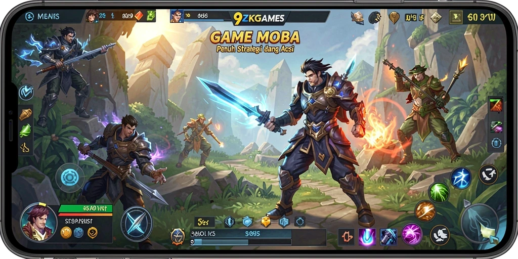 Tampilan gameplay seru dalam 9ZKGAMES dengan aksi MOBA intens.