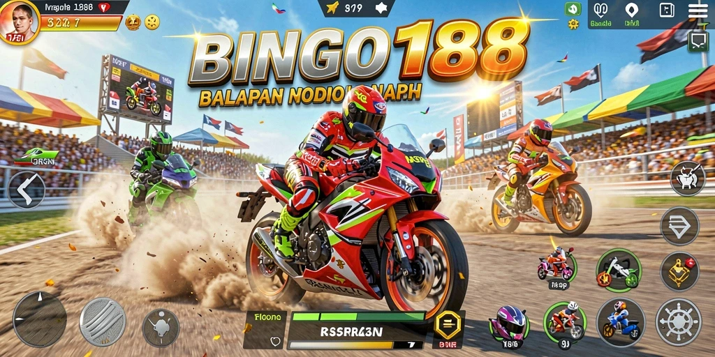 Tampilan gameplay seru BINGO188 dengan balapan motor yang mendebarkan.